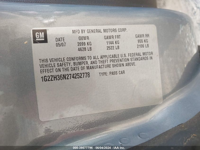 2007 Pontiac G6 Gt VIN: 1G2ZH36N274252778 Lot: 39577796