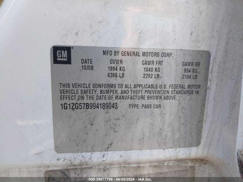 2009 Chevrolet Malibu Ls VIN: 1G1ZG57B994189043 Lot: 39577799