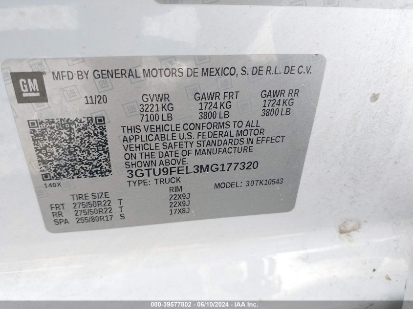 2021 GMC Sierra 1500 4Wd Short Box Denali VIN: 3GTU9FEL3MG177320 Lot: 39577802