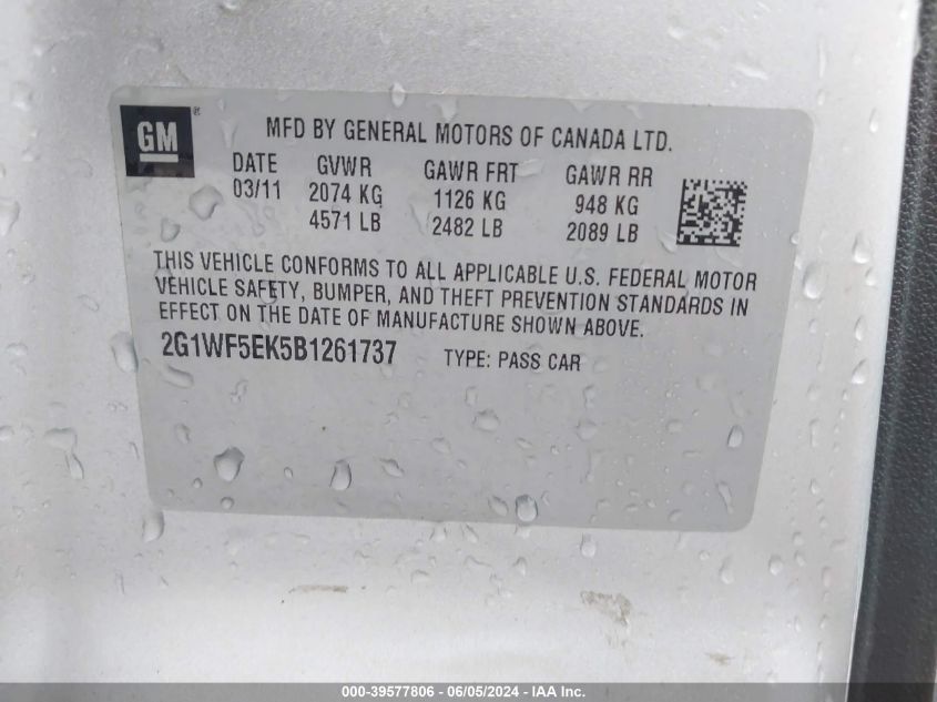 2011 Chevrolet Impala Ls VIN: 2G1WF5EK5B1261737 Lot: 39577806