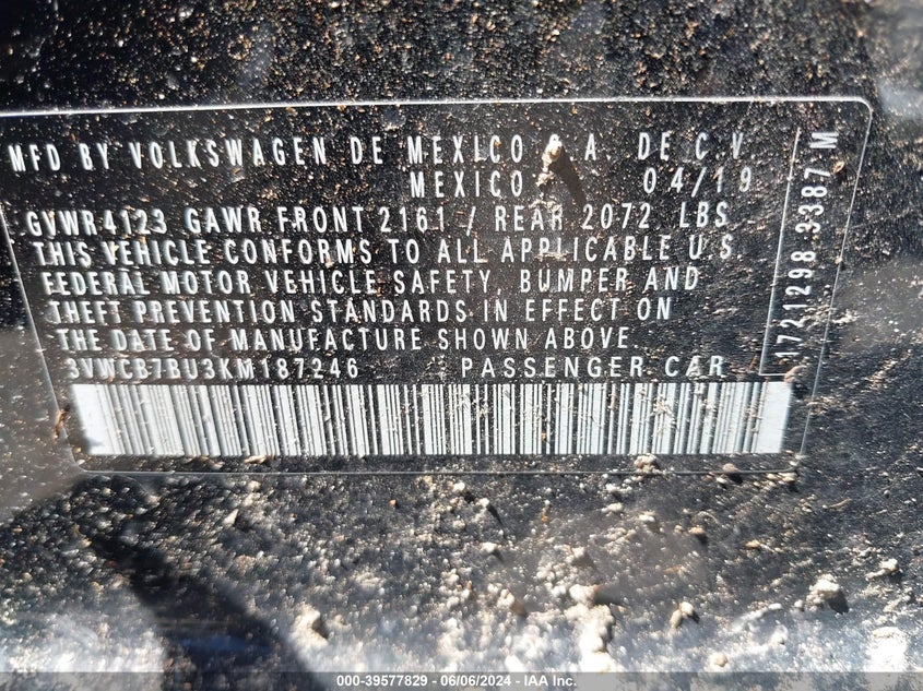 2019 Volkswagen Jetta 1.4T R-Line/1.4T S/1.4T Se VIN: 3VWCB7BU3KM187246 Lot: 39577829