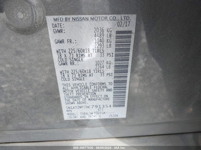 2017 Nissan Rogue Sl VIN: 5N1AT2MT7HC791354 Lot: 39577830