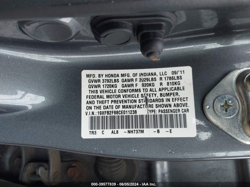 2012 Honda Civic Ex VIN: 19XFB2F88CE011238 Lot: 39577839