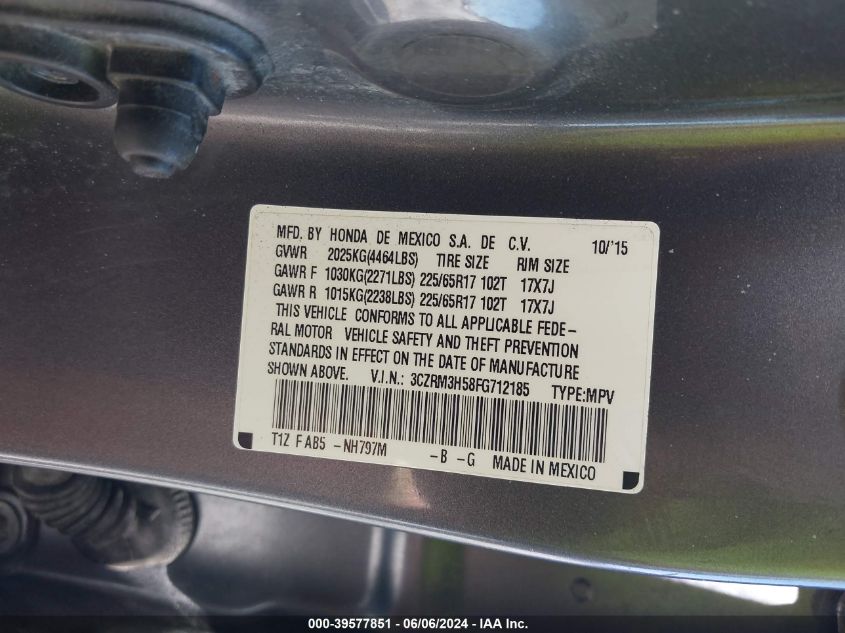 2015 Honda Cr-V Ex VIN: 3CZRM3H58FG712185 Lot: 39577851