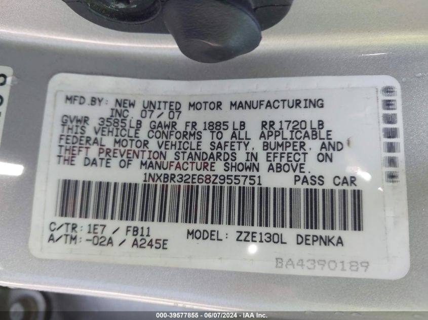 2008 Toyota Corolla Le VIN: 1NXBR32E68Z955751 Lot: 39577855