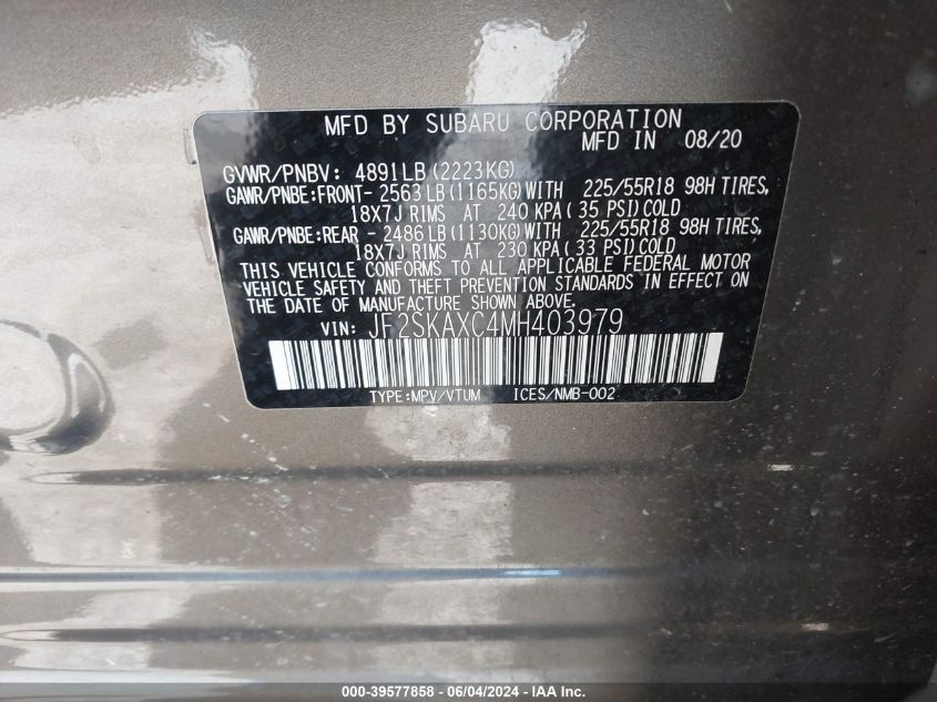 2021 Subaru Forester Touring VIN: JF2SKAXC4MH403979 Lot: 39577858