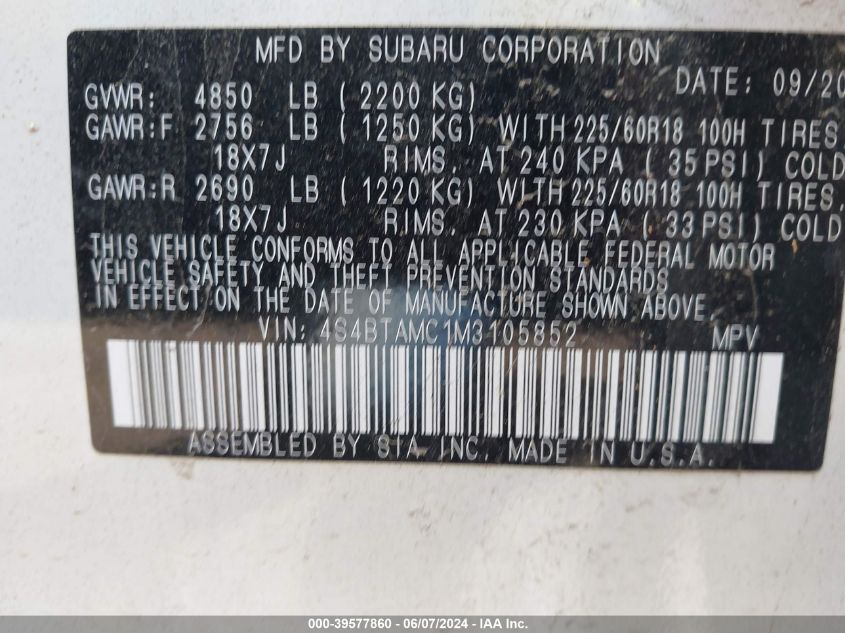 2021 Subaru Outback Limited VIN: 4S4BTAMC1M3105852 Lot: 39577860