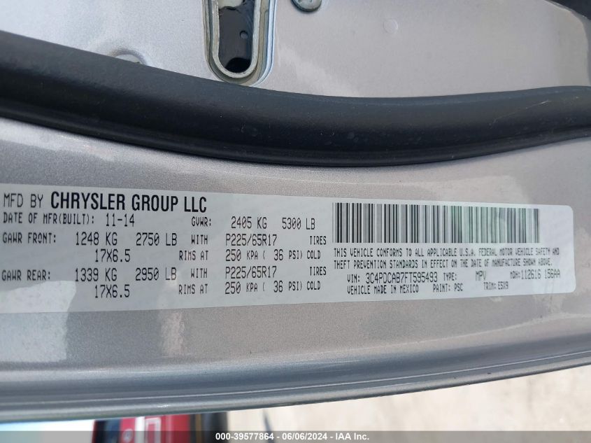 2015 Dodge Journey American Value Pkg VIN: 3C4PDCAB7FT595493 Lot: 39577864