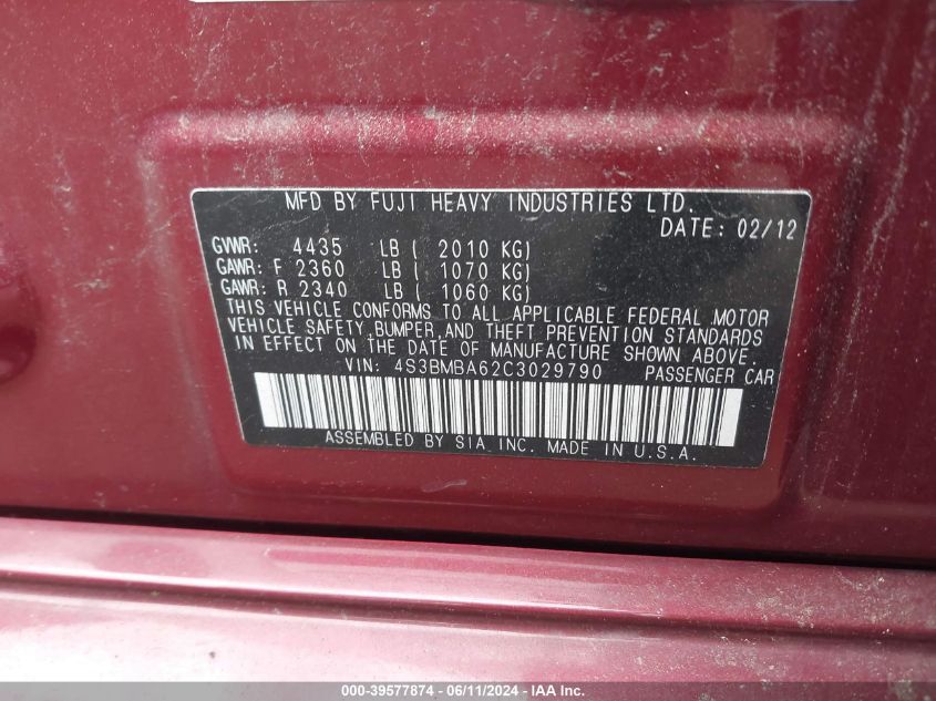 2012 Subaru Legacy 2.5I VIN: 4S3BMBA62C3029790 Lot: 39577874