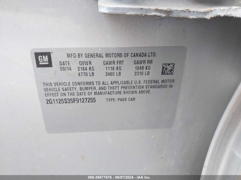 2015 Chevrolet Impala 2Lt VIN: 2G1125S35F9127255 Lot: 39577876