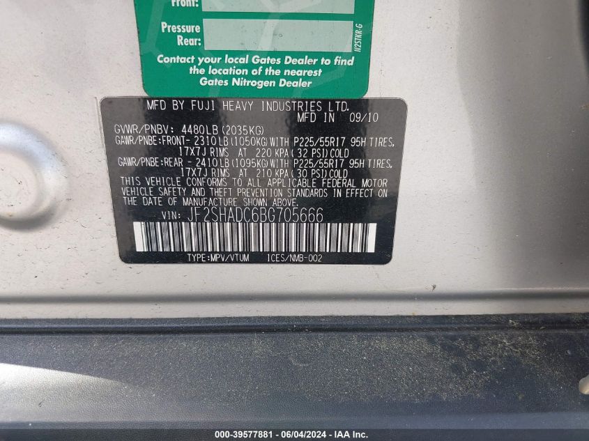 2011 Subaru Forester 2.5X Premium VIN: JF2SHADC6BG705666 Lot: 39577881