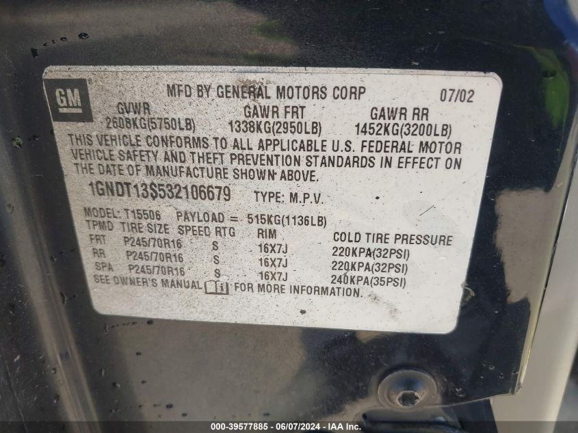 2003 Chevrolet Trailblazer Ls VIN: 1GNDT13S532106679 Lot: 39577885