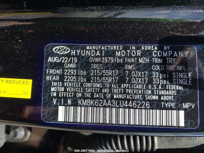 2020 Hyundai Kona Sel Plus VIN: KM8K62AA3LU446226 Lot: 39577904