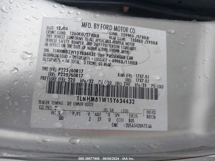 2005 Lincoln Town Car Signature VIN: 1LNHM81W15Y634432 Lot: 39577908