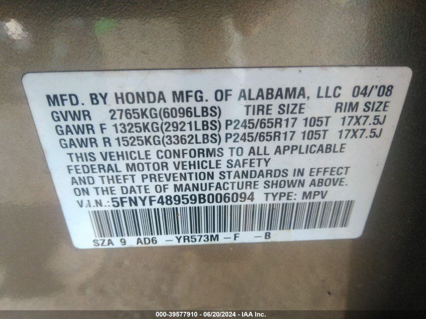2009 Honda Pilot Touring VIN: 5FNYF48959B006094 Lot: 39577910
