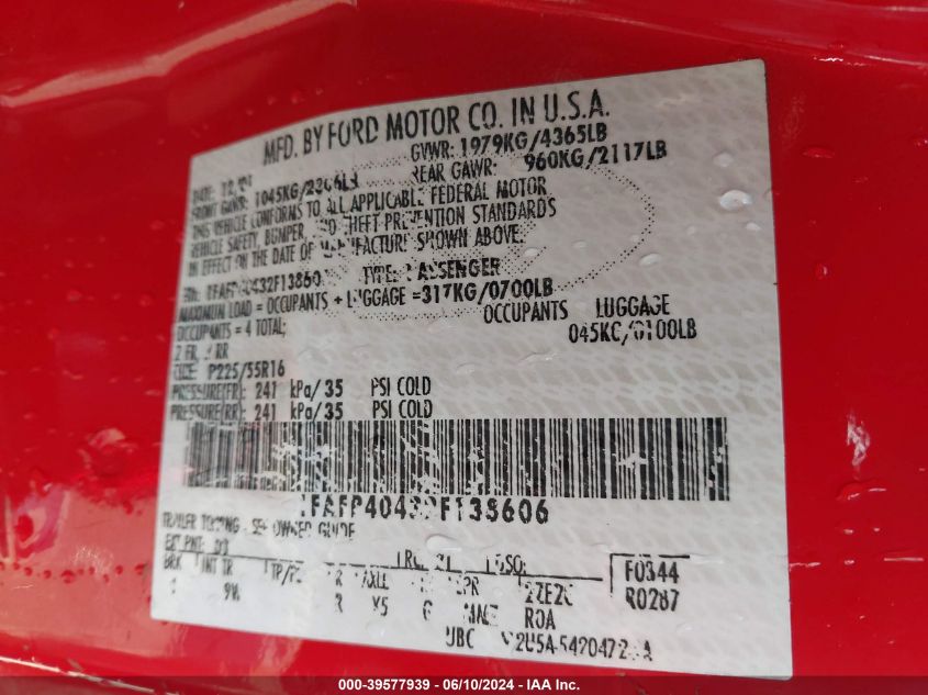 2002 Ford Mustang VIN: 1FAFP40432F138606 Lot: 39577939