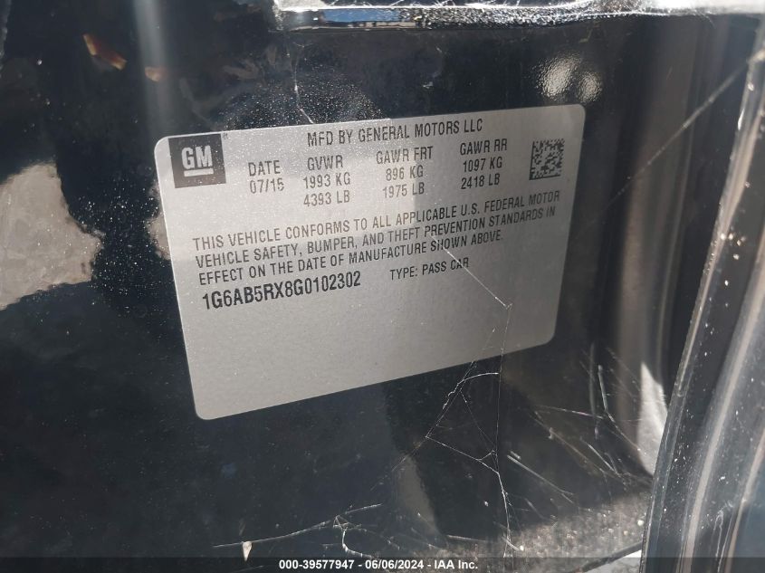 2016 Cadillac Ats Luxury Collection VIN: 1G6AB5RX8G0102302 Lot: 39577947