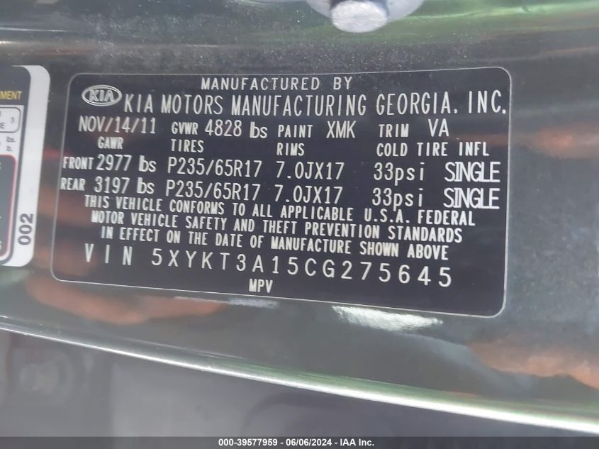 2012 Kia Sorento Lx VIN: 5XYKT3A15CG275645 Lot: 39577959