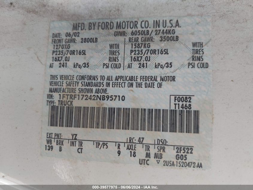2002 Ford F-150 Xl/Xlt VIN: 1FTRF17242NB95710 Lot: 39577975