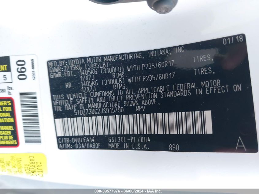 2018 Toyota Sienna L 7 Passenger VIN: 5TDZZ3DC2JS915790 Lot: 39577976