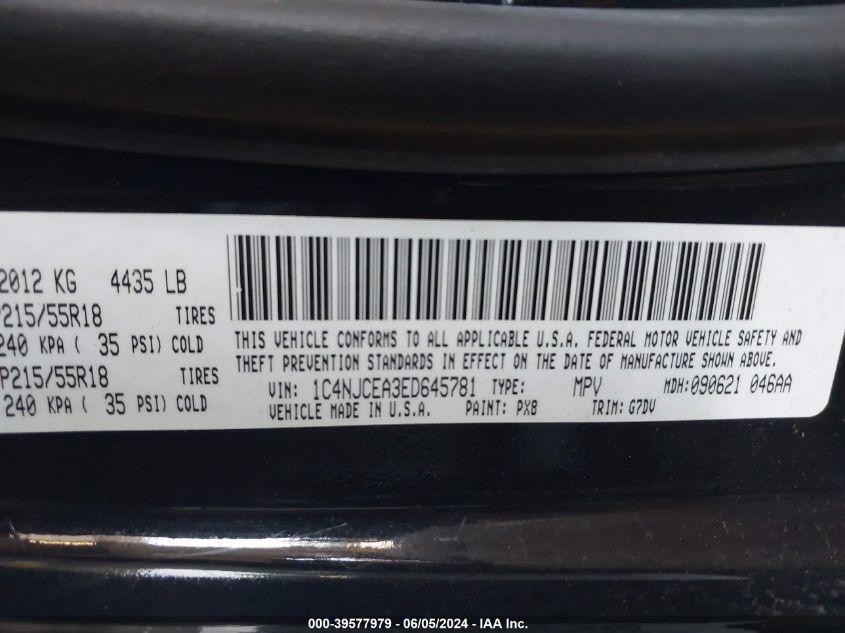 2014 Jeep Compass Latitude VIN: 1C4NJCEA3ED645781 Lot: 39577979