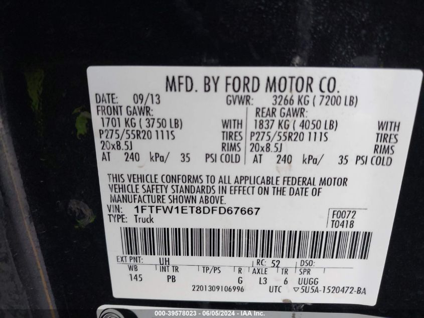 2013 Ford F-150 Platinum VIN: 1FTFW1ET8DFD67667 Lot: 39578023