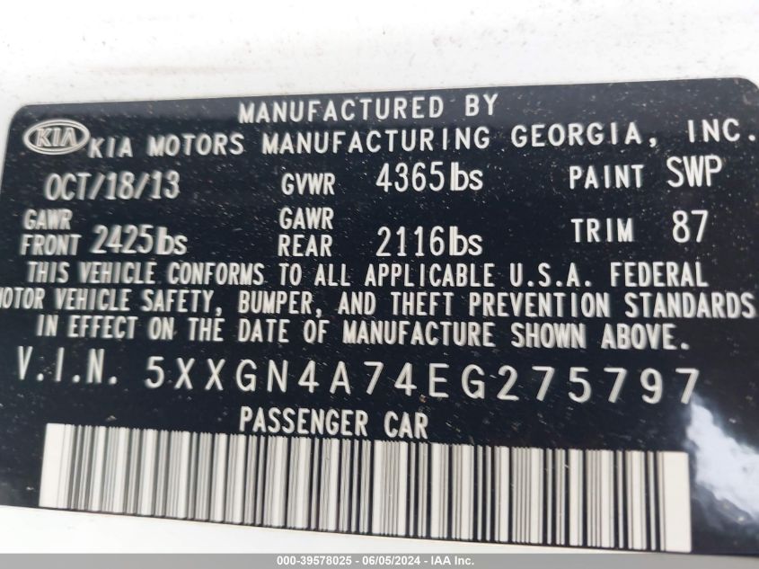 2014 Kia Optima Ex VIN: 5XXGN4A74EG275797 Lot: 39578025