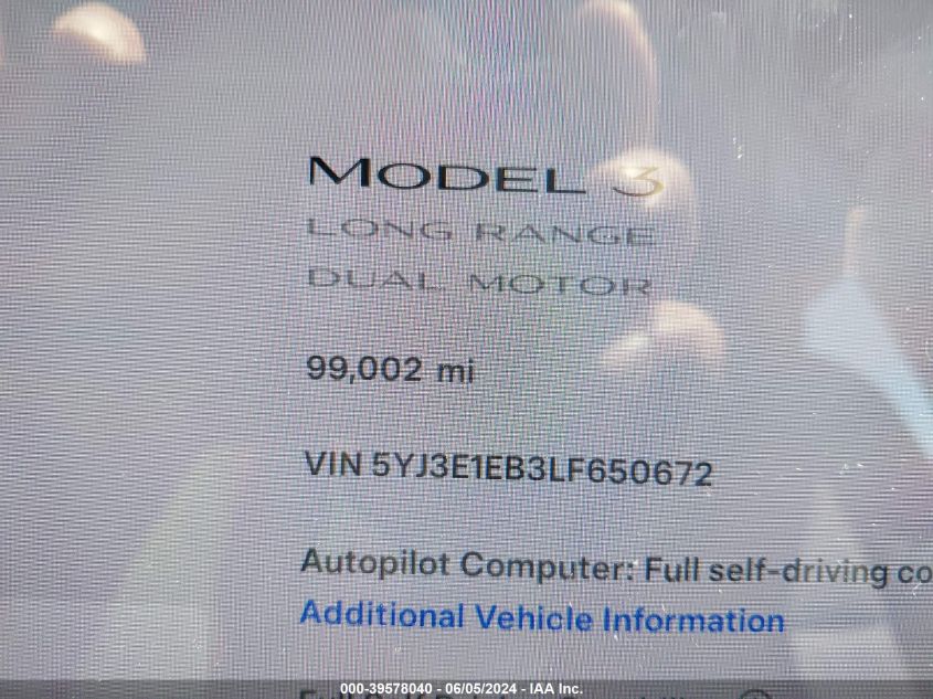 2020 Tesla Model 3 Long Range Dual Motor All-Wheel Drive VIN: 5YJ3E1EB3LF650672 Lot: 39578040