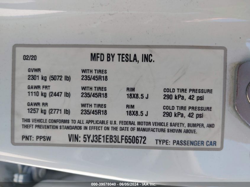 2020 Tesla Model 3 Long Range Dual Motor All-Wheel Drive VIN: 5YJ3E1EB3LF650672 Lot: 39578040