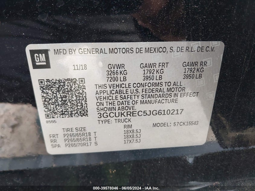 2018 Chevrolet Silverado 1500 2Lt VIN: 3GCUKREC5JG610217 Lot: 39578046