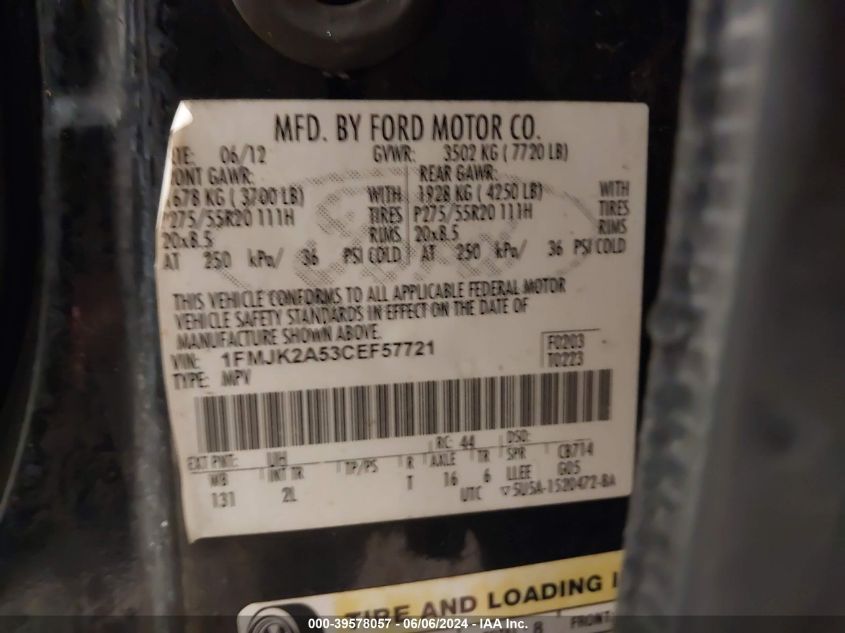 2012 Ford Expedition El Limited VIN: 1FMJK2A53CEF57721 Lot: 39578057