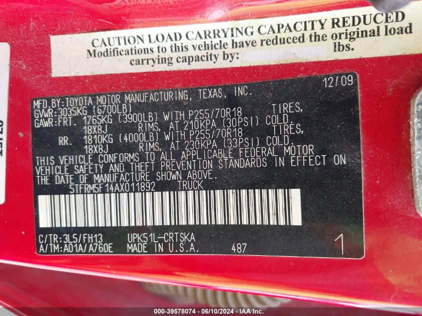 2010 Toyota Tundra Grade 4.6L V8 VIN: 5TFRM5F14AX011892 Lot: 39578074