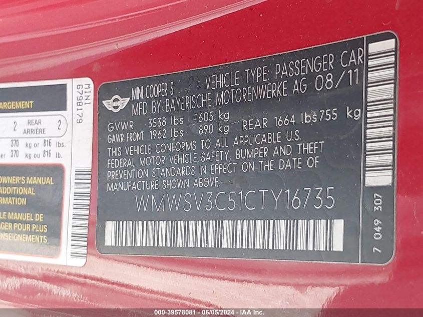 2012 Mini Cooper S VIN: WMWSV3C51CTY16735 Lot: 39578081