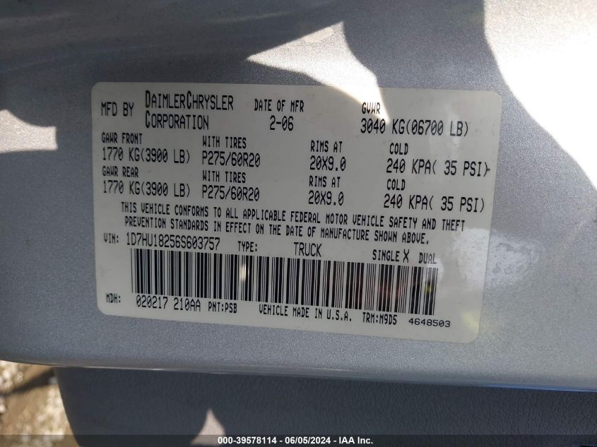 2006 Dodge Ram 1500 Slt/Trx4 Off Road/Sport VIN: 1D7HU18256S603757 Lot: 39578114