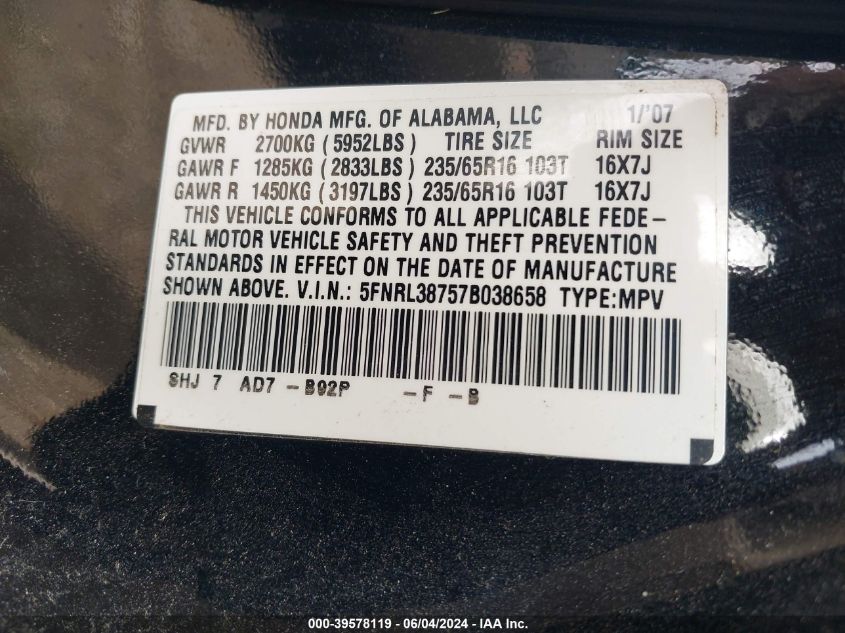 2007 Honda Odyssey Ex-L VIN: 5FNRL38757B038658 Lot: 39578119