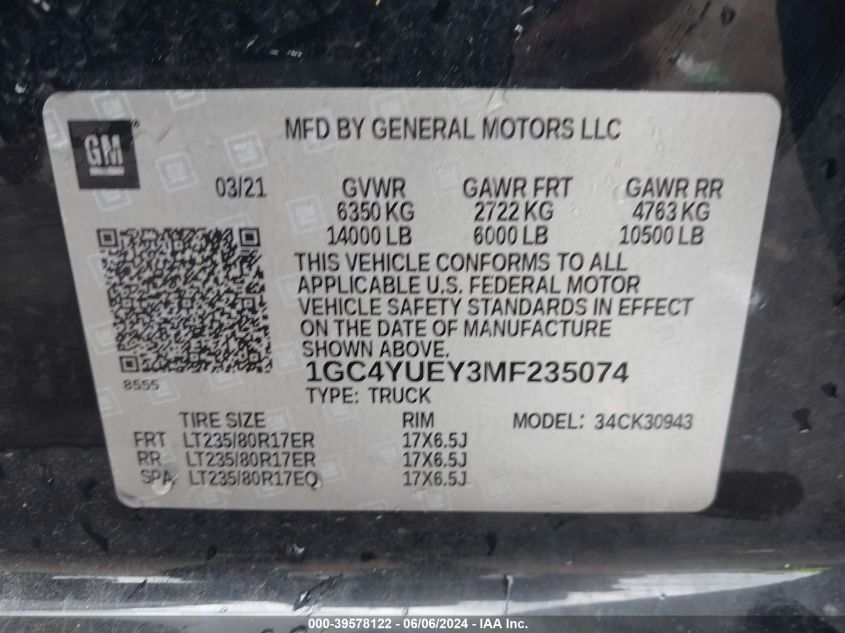 2021 Chevrolet Silverado 3500Hd 4Wd Long Bed Ltz VIN: 1GC4YUEY3MF235074 Lot: 39578122