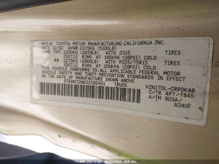 2003 Toyota Tacoma Base V6 VIN: 5TEWN72N63Z192431 Lot: 39578124