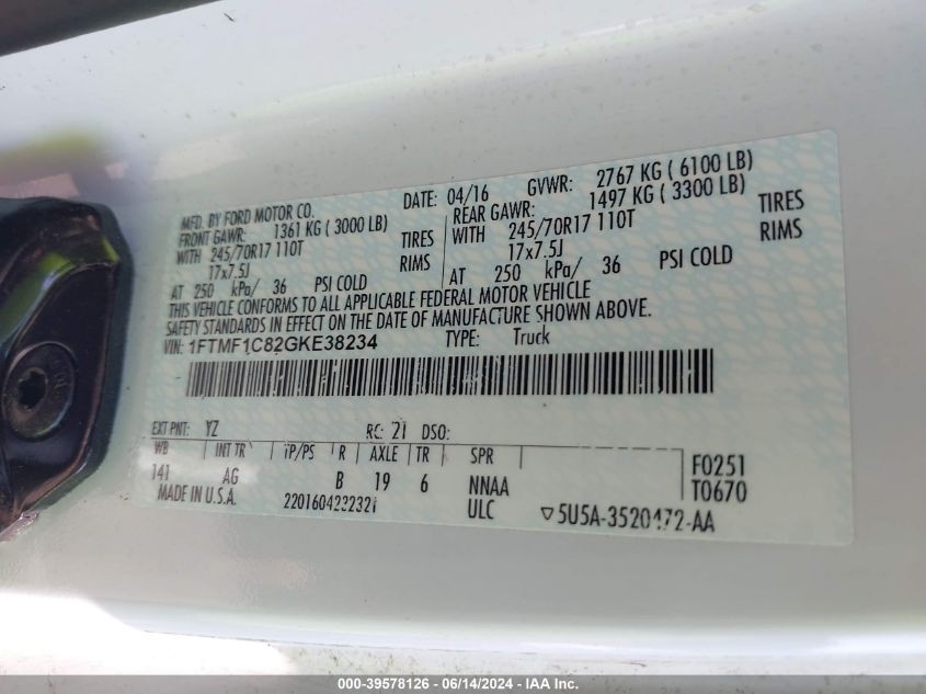 2016 Ford F-150 Xl VIN: 1FTMF1C82GKE38234 Lot: 39578126