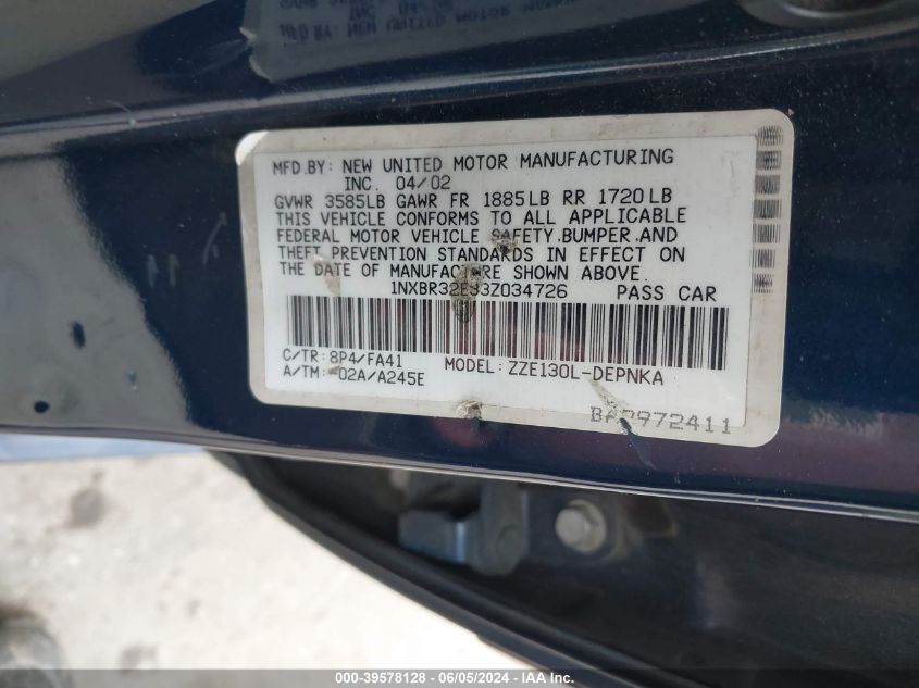 2003 Toyota Corolla Le VIN: 1NXBR32E33Z034726 Lot: 39578128