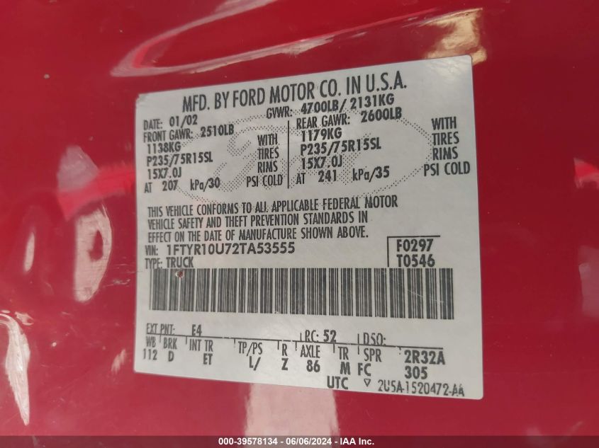 2002 Ford Ranger Edge/Xl/Xlt VIN: 1FTYR10U72TA53555 Lot: 39578134