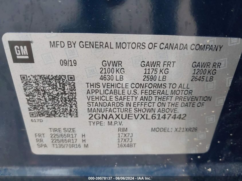 2020 Chevrolet Equinox Awd Lt 1.5L Turbo VIN: 2GNAXUEVXL6147442 Lot: 39578137