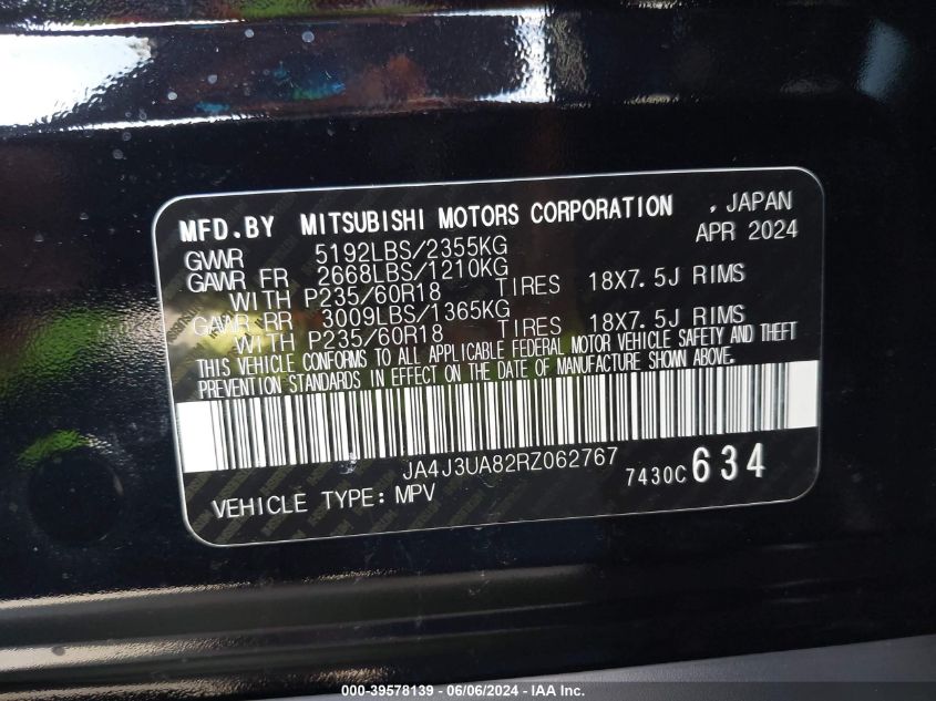 2024 Mitsubishi Outlander Es 2.5 2Wd VIN: JA4J3UA82RZ062767 Lot: 39578139