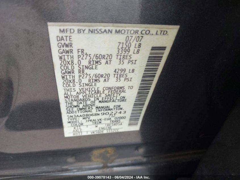 2008 Infiniti Qx56 VIN: 5N3AA08D68N902243 Lot: 39578143