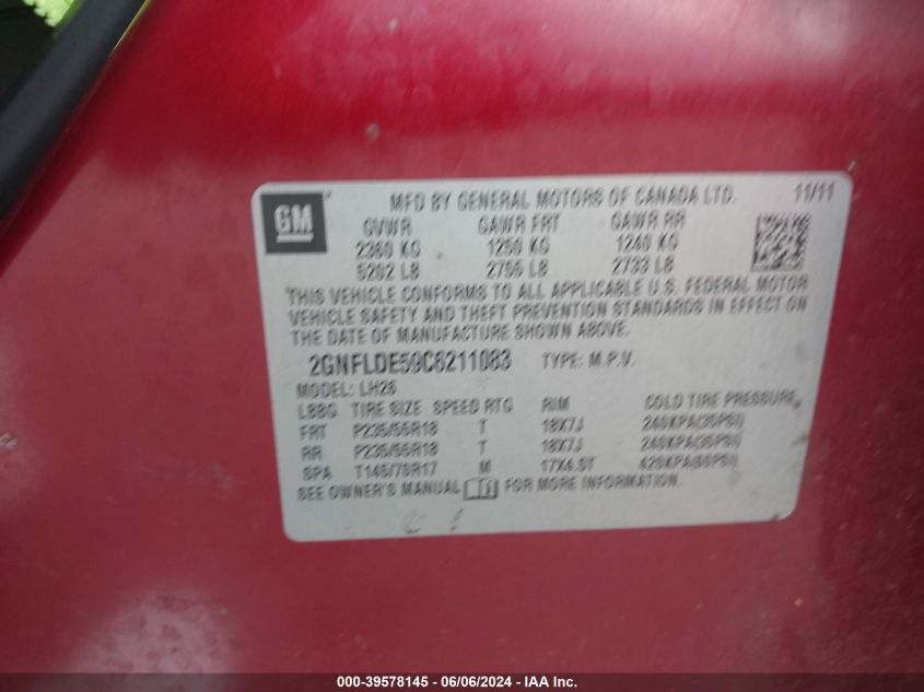 2012 Chevrolet Equinox 1Lt VIN: 2GNFLDE59C6211083 Lot: 39578145