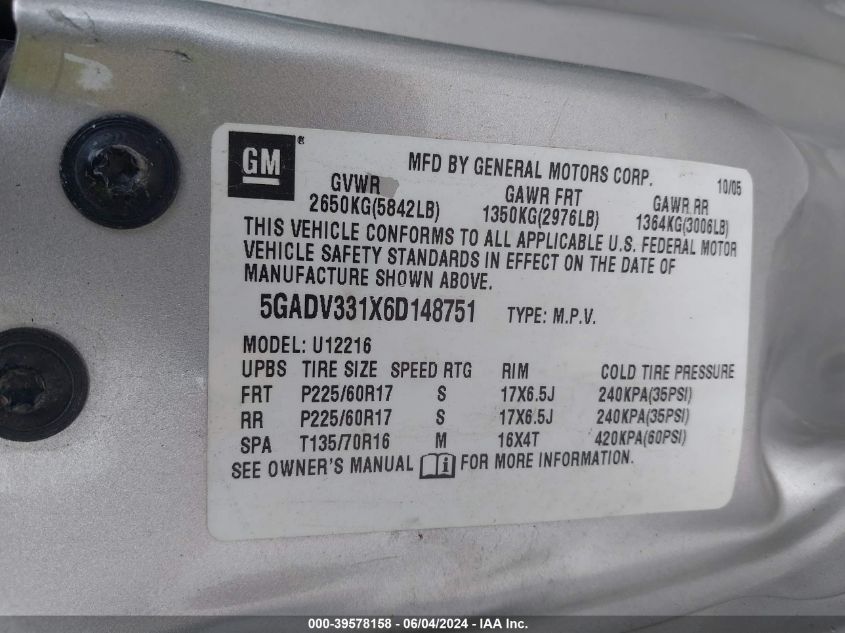 2006 Buick Terraza Cxl VIN: 5GADV331X6D148751 Lot: 39578158