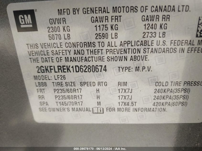 2013 GMC Terrain Sle-1 VIN: 2GKFLREK1D6280674 Lot: 39578170