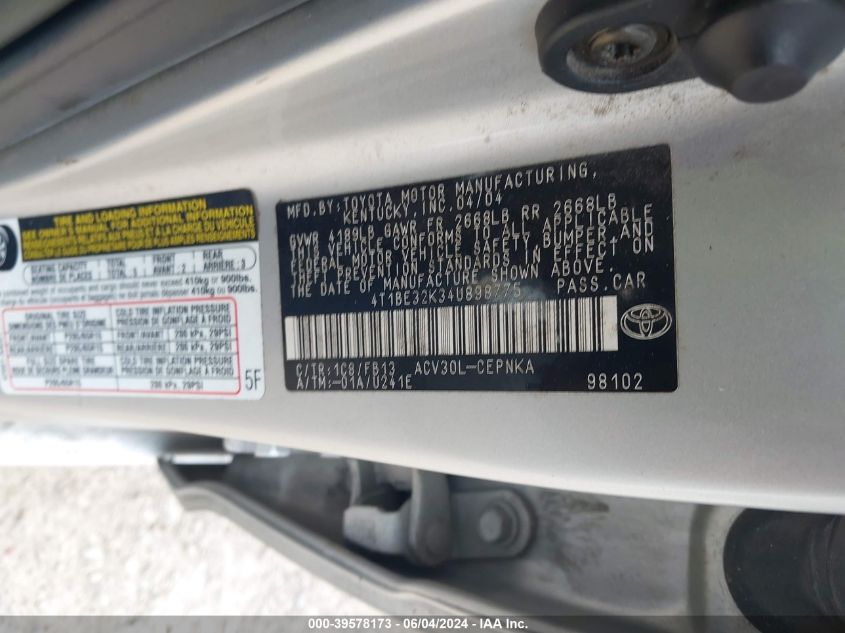 2004 Toyota Camry Le VIN: 4T1BE32K34U898775 Lot: 39578173