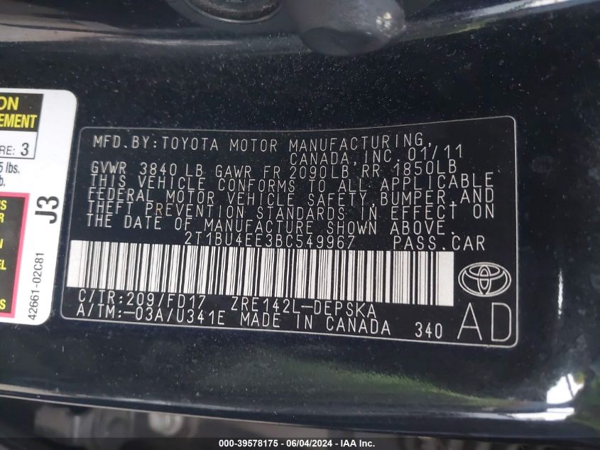 2011 Toyota Corolla S VIN: 2T1BU4EE3BC549967 Lot: 39578175