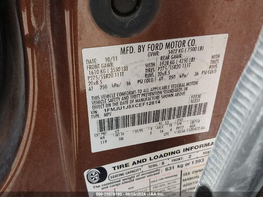 2012 Ford Expedition King Ranch VIN: 1FMJU1J5XCEF12814 Lot: 39578180