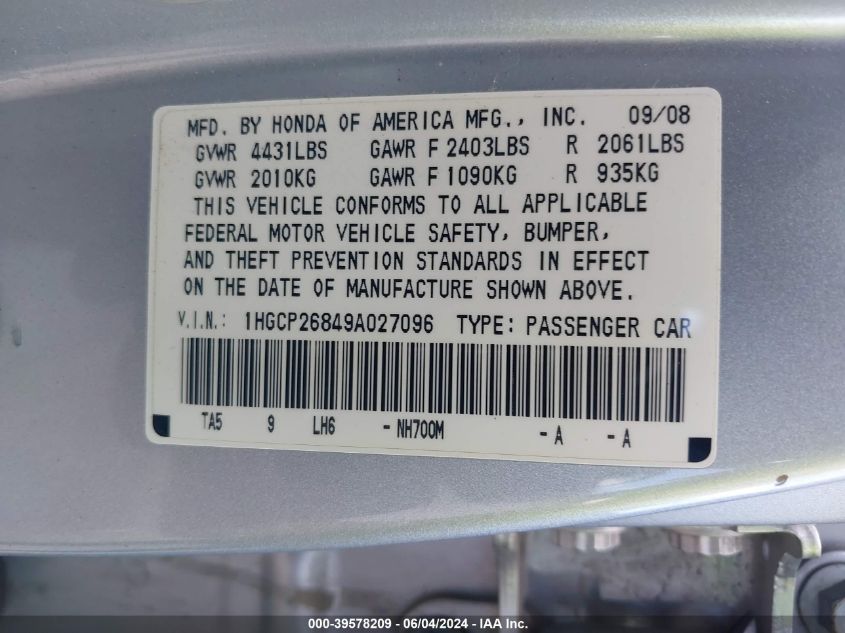 2009 Honda Accord 2.4 Ex-L VIN: 1HGCP26849A027096 Lot: 39578209